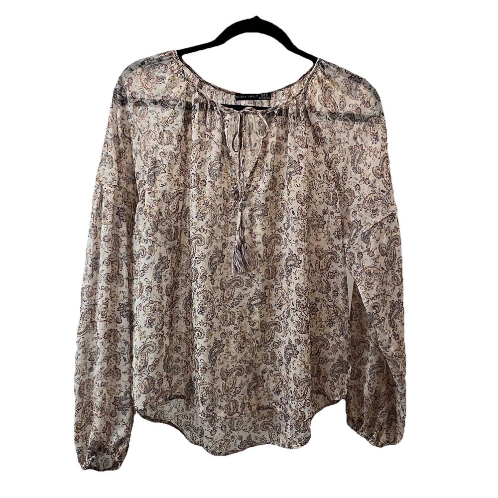 Black Tape Beige Blue Floral Paisley Sheer Peasant Top Long Sleeves Womens M